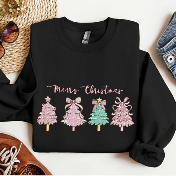 Christmas Tree Embroidered Sweatshirt, Pink Christmas Tree Bow Embroidered Shirt, Merry Christmas Hoodie, Merry And Bright Shirt