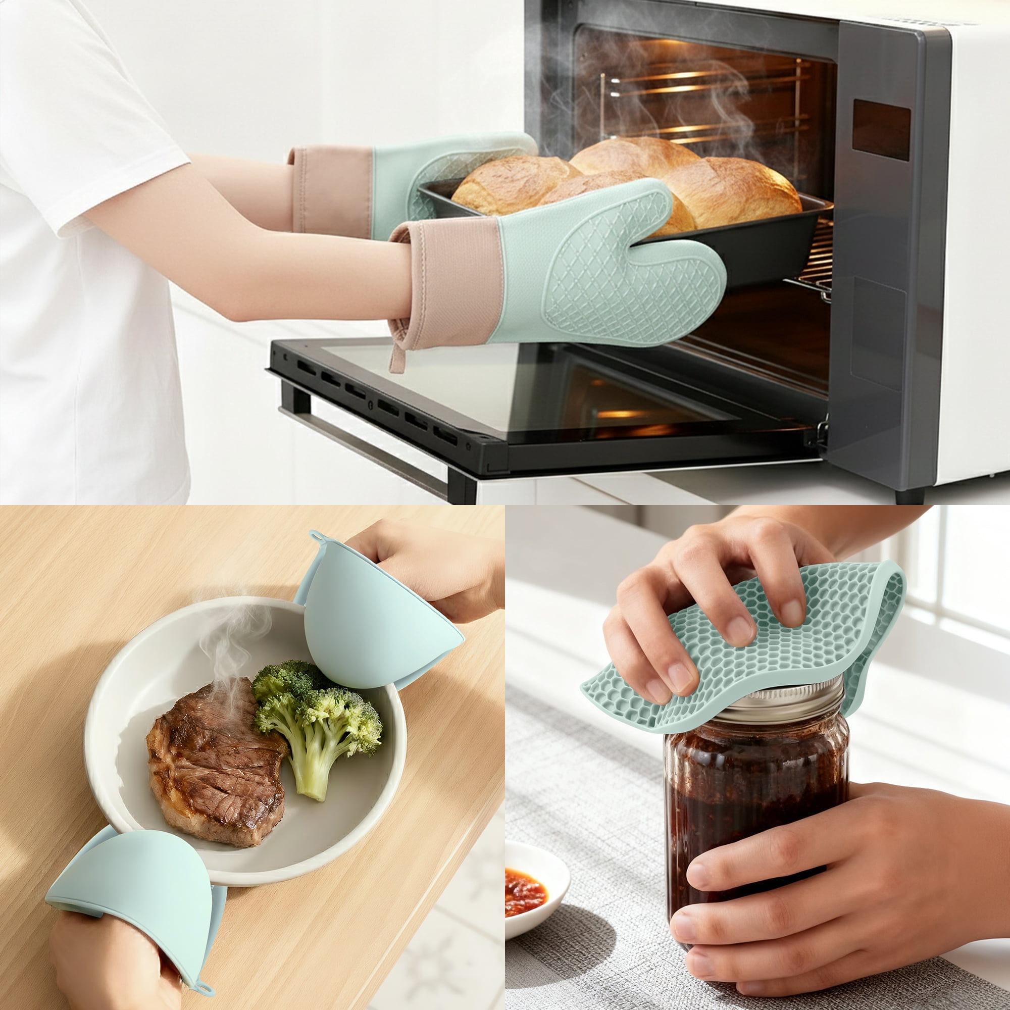 Unique Bargains Pot Holders Heat Resistant Kitchen Gloves Green 10.9x7.1inch