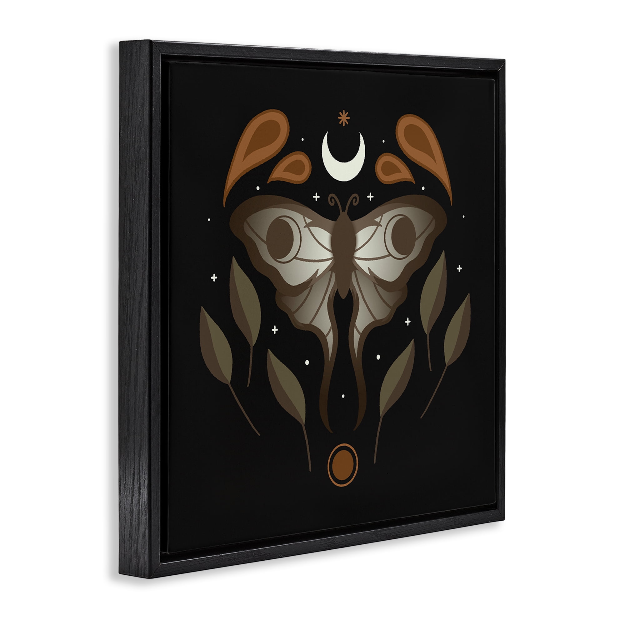 Stupell Industries Celestial Moth & Leaf Sprigs Animals Painting Black Floater Framed Canvas Art Print Wall Art, 25 x 25