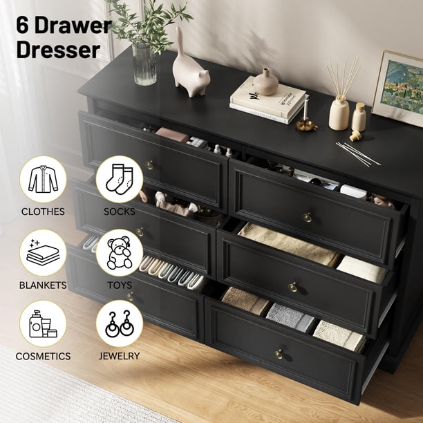 Idealsoul Black Dresser,6 Drawer Dresser for bedroom,Retro Wood Storage Cabinet for Living Room, Kids Unisex, Size: One size
