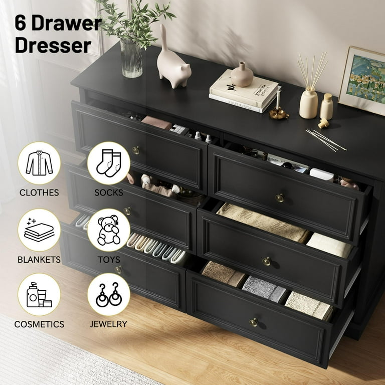 retro 6 drawer dresser IDEALSOUL Black Dresser,6 Drawer Dresser for bedroom,Retro Wood Storage  Cabinet for Living Room
