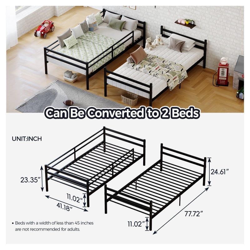 Twin Over Twin Metal Bunk Bed, Heavy Duty Bunk Bed for Kids, Teens & Adults, Convertible into 2 Twin Beds, 11.42" High Guardrails, Built-In Ladder, Under-Bed Storage, Easy Assembly