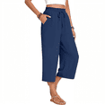 thumbnail image 2 of Olaglory Capri Pants for Women Drawstring Casual Palazzo Trousers with Pockets Loose High Waisted Wide Leg Lounge Lightweight Flowy Pants for women Summer, Navy, 2 of 8