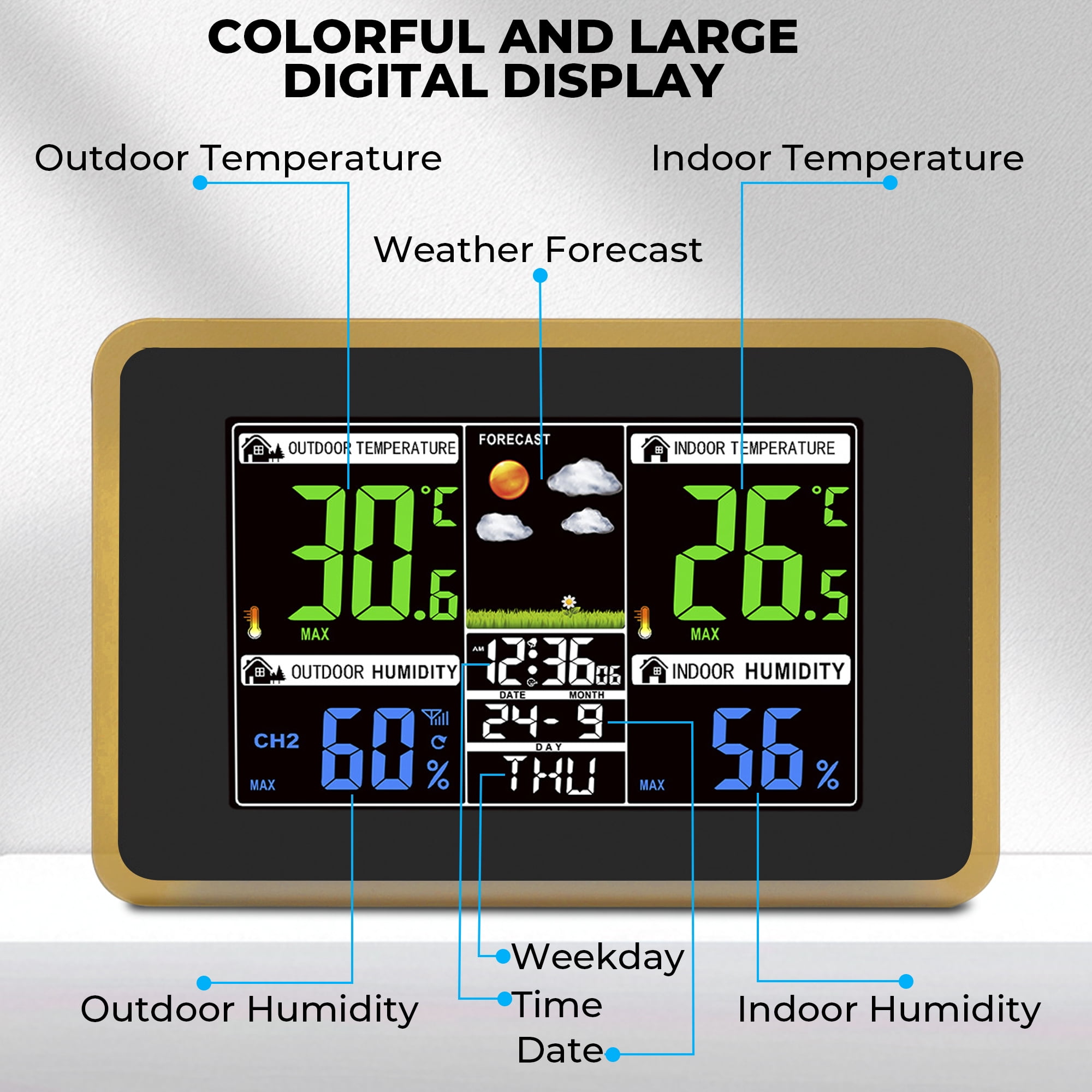 AOLIGO Wireless Weather Station, Color Display with Indoor Outdoor Thermometer, Forecast, Alarm and Calendar, Black