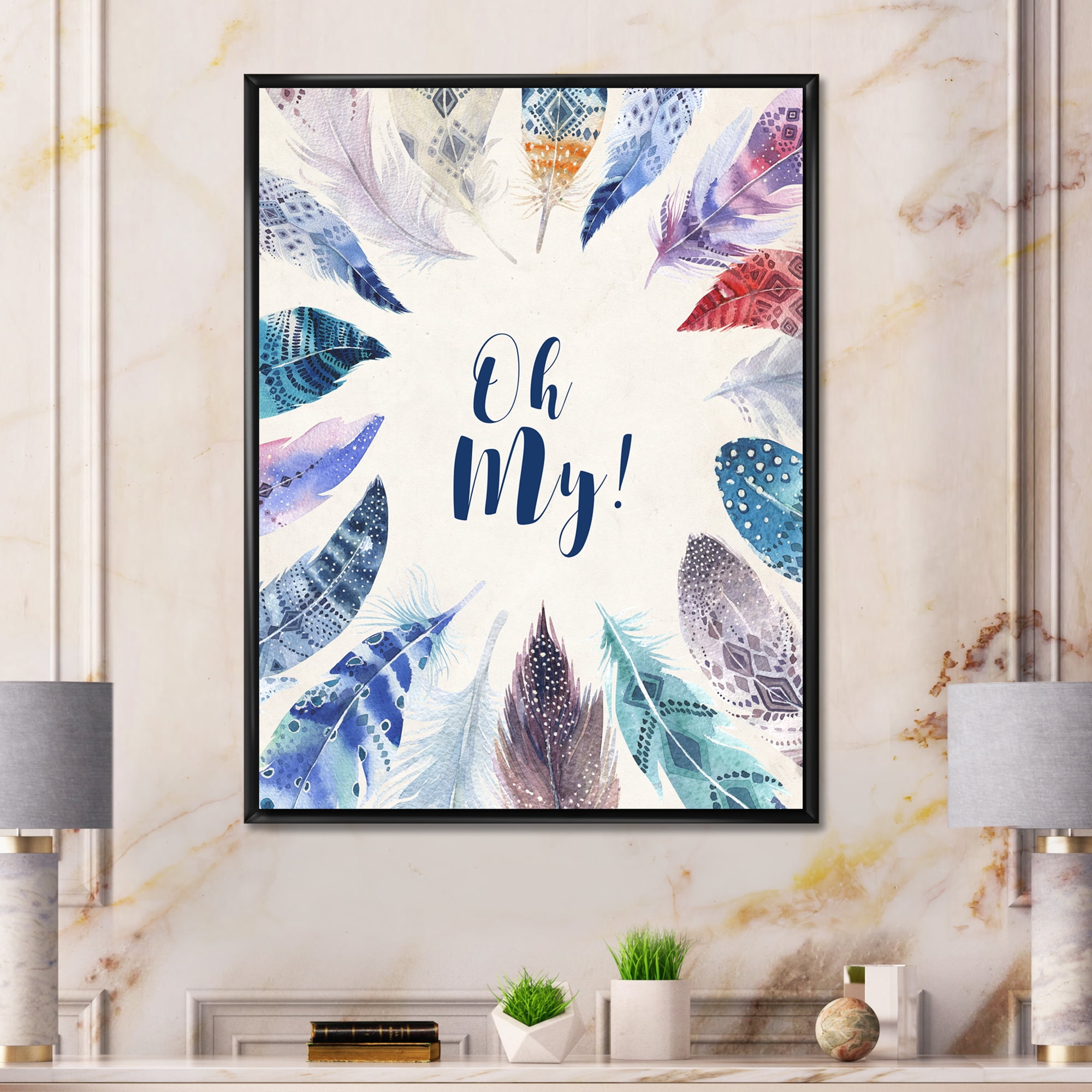 Designart 'Vital Blue Feathers Oh My' Bohemian & Eclectic Framed Canvas Wall Art Print