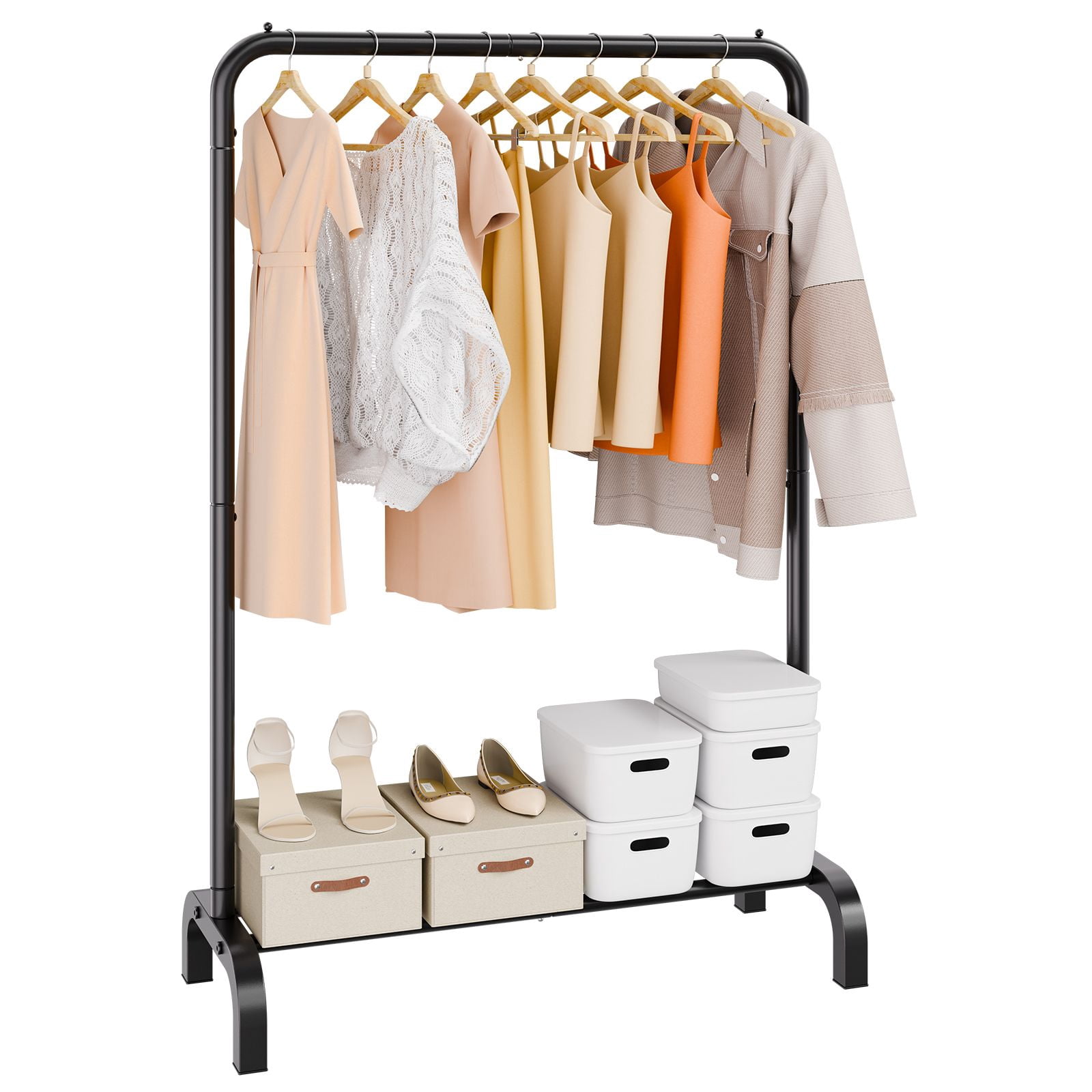 Garment Rack with Bottom Storage Shelf, Heavy-Duty Carbon Steel, 1" Thickened Pipe, 4 Anti-Slip Pads, for Bedroom Laundry Room Display
