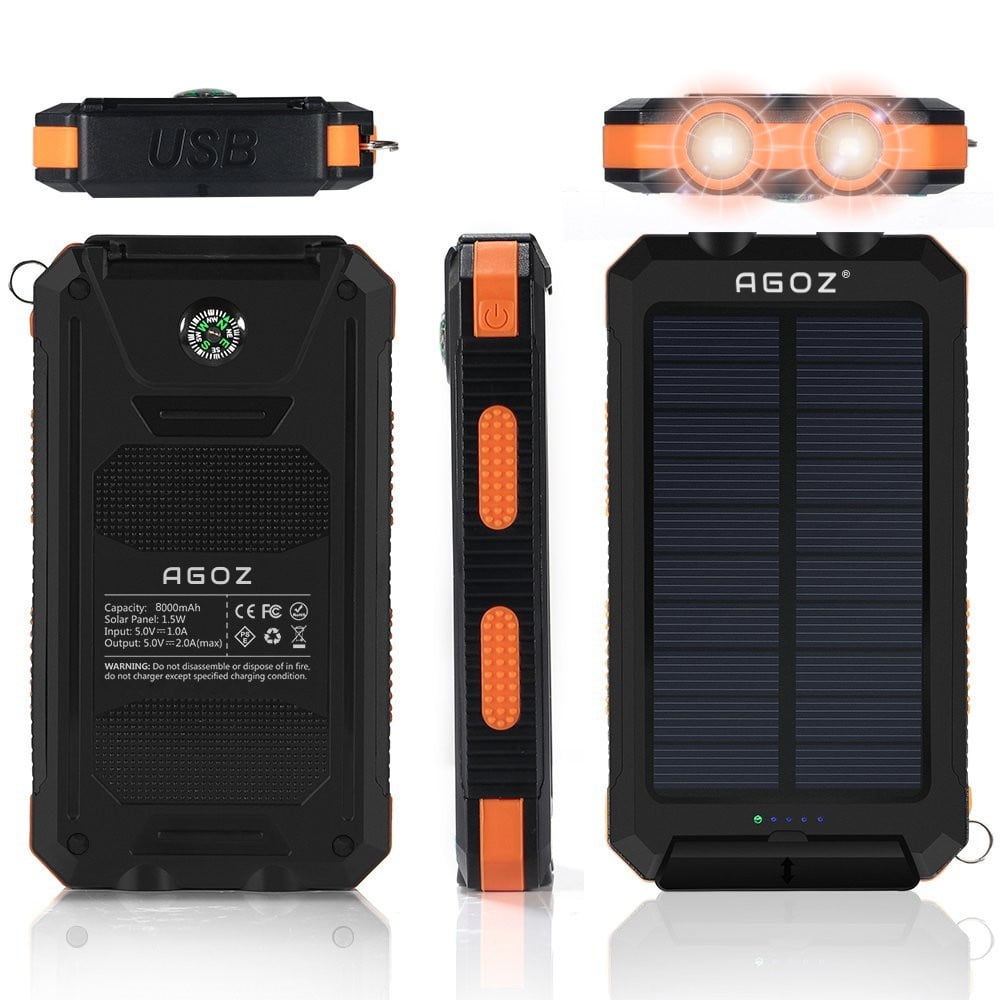 Solar Powerbank AGOZ Solar Charger 8000mAh External Outdoor Battery Charger with Dual USB Port
