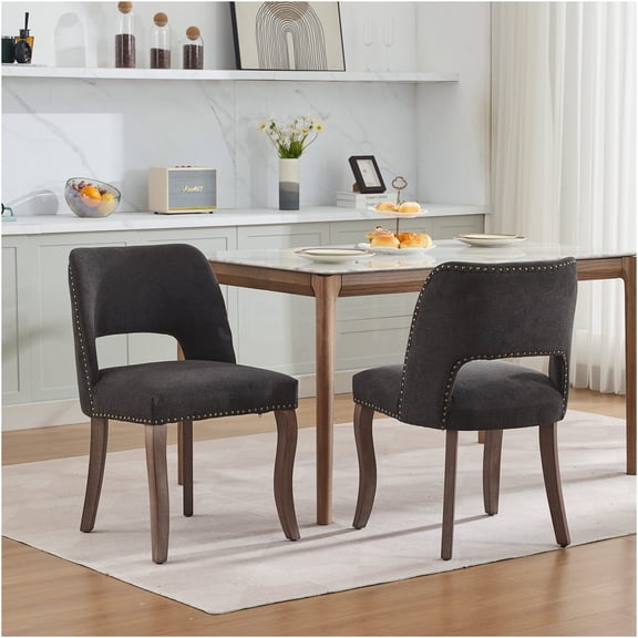 JERFIT 2-Pack Modern Dining Chairs, Upholstered Fabric Kitchen Chairs with Curved Back, Solid Wood Legs, Set of 2 for Dining Room, Farmhouse Style, Black