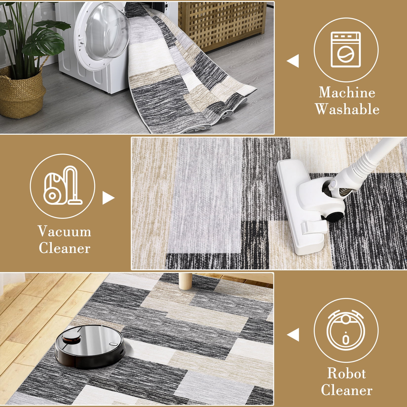 Hasoo 4' x 6' Area Rug for Living Room Modern Geometric Washable Rug Patchwork Indoor Low Pile Throw Carpet for Dorm, Camel/Gray