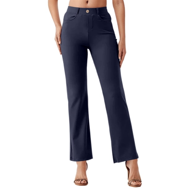 Pantalones casuales de mujer con pernera recta - Cintura elástica con bolsillos con botones - Poliéster y spandex - Versátiles para el trabajo y el ocio - Tallas S-XXL