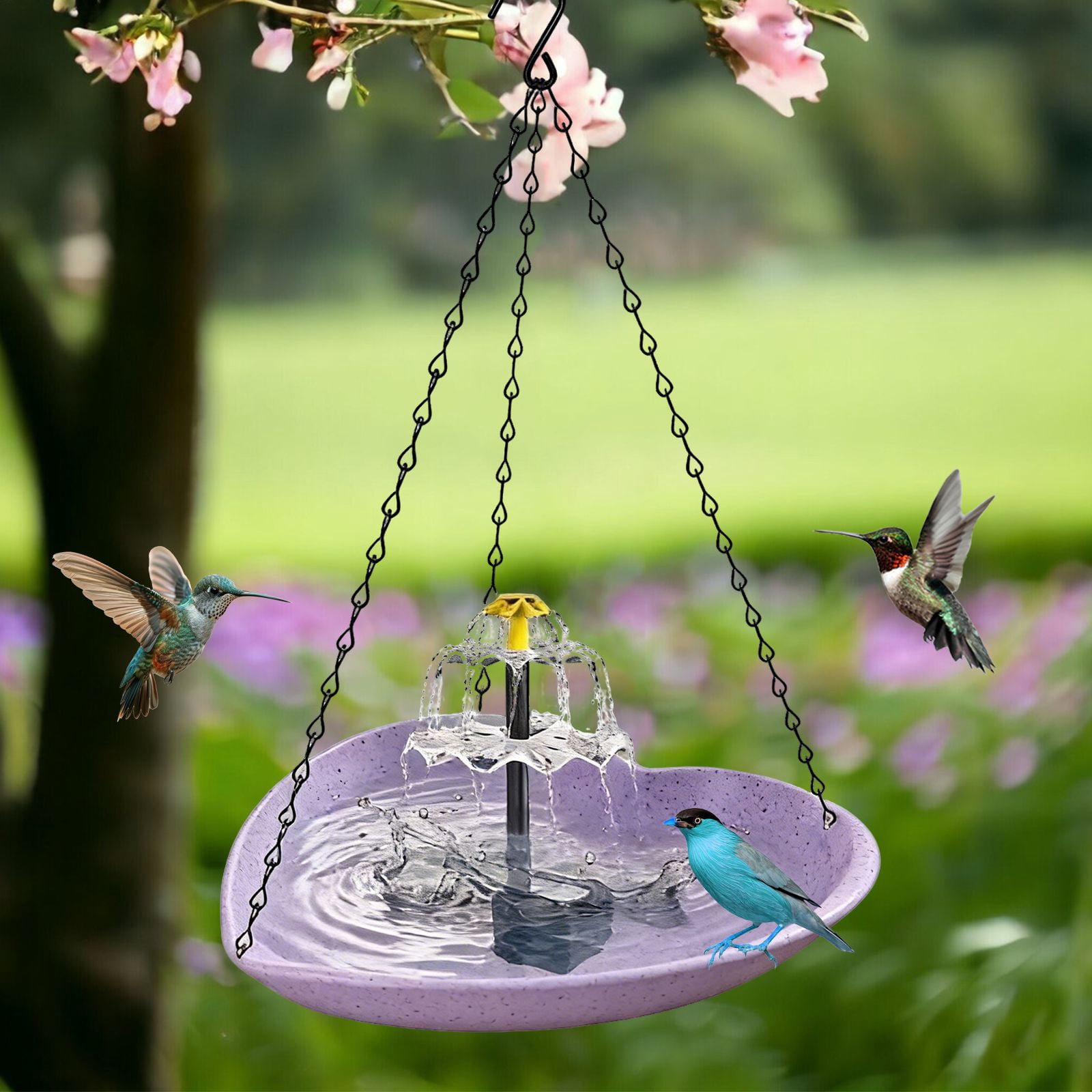 Fountwell Hanging Solar Bird Bath Fountain with Built-in Pump, Heart-Shaped Basin Cascade Water Flow – All-in-One No Wiring for Garden, Patio, Hummingbirds