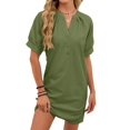 thumbnail image 2 of Women'S Solid Color Casual V-Neck Tie Waist Short Sleeve Dress Midi Summer Shift Dress Green S, 2 of 9