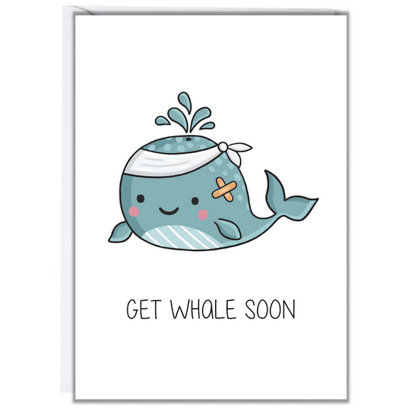 Cute Get Whale Soon Card – Adorable Injured Whale Design with Bandage – Blank Inside – Perfect Get Well Soon Greeting for Friends and Family