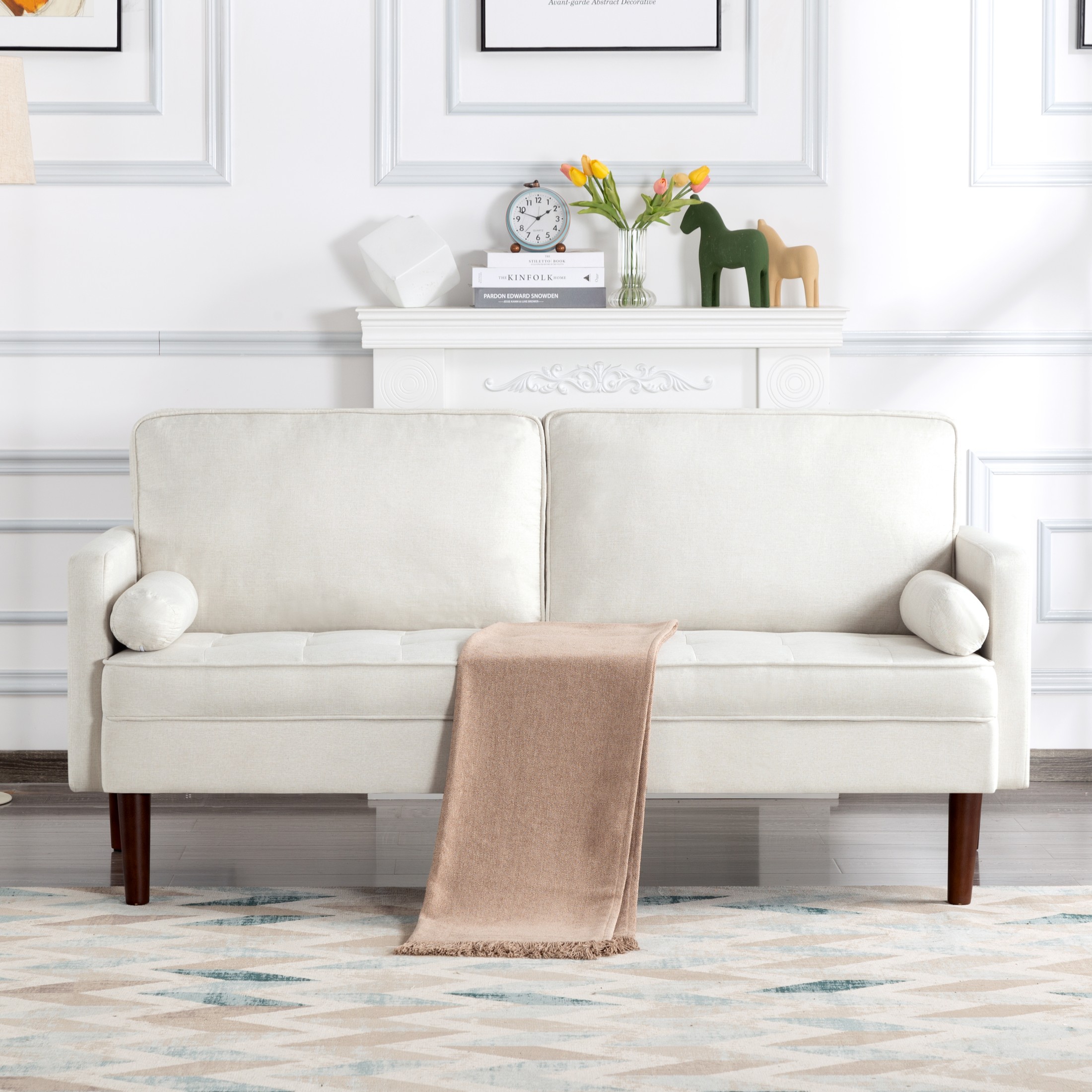 Gewnee 65" Modern Loveseat Couch, Upholstered Sofa with Removable Back Cushion and 2 Bolster Pillows, Contemporary Loveseat for Living Room, Home Office, Bedroom(White)