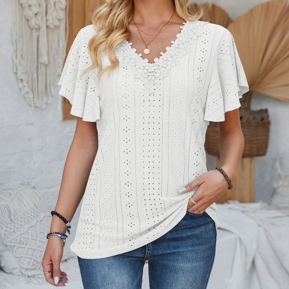 SNKSDGM Casual Easter Shirts Womens Shirts Loose fit Women's Comfortable Women's Wear 2025 Spring/Summer New Lace V Neck Ruffle Sleeves Solid Color Loose T Shirt Graphic Tees for Women Vintage 90S