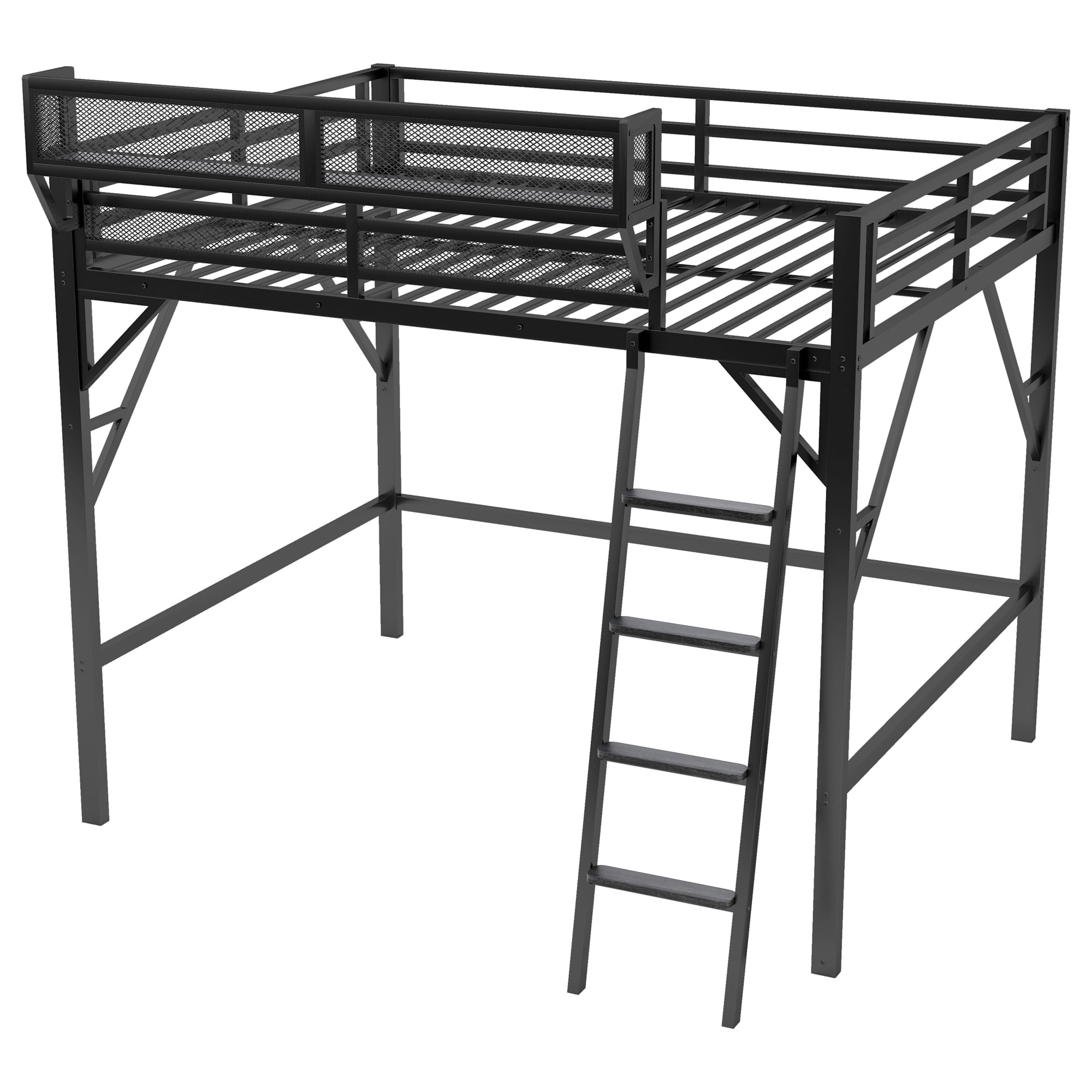 Queen Size Loft Bed with Ladder, Metal Loft Bed with Storage Shelves, High Loft Bed for Kids Teens, Black