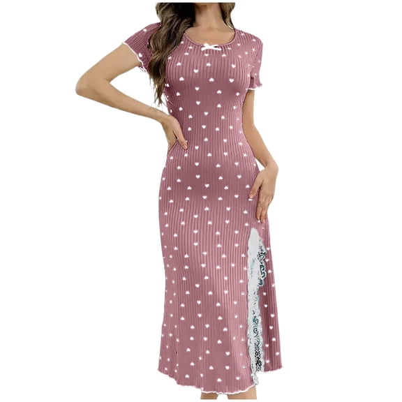 Women Long Nightgowns Cute Heart Short Sleeve Nightdress Ribbed Knit Lace Side Split Night Gown Ladies Sleep Dress XXL