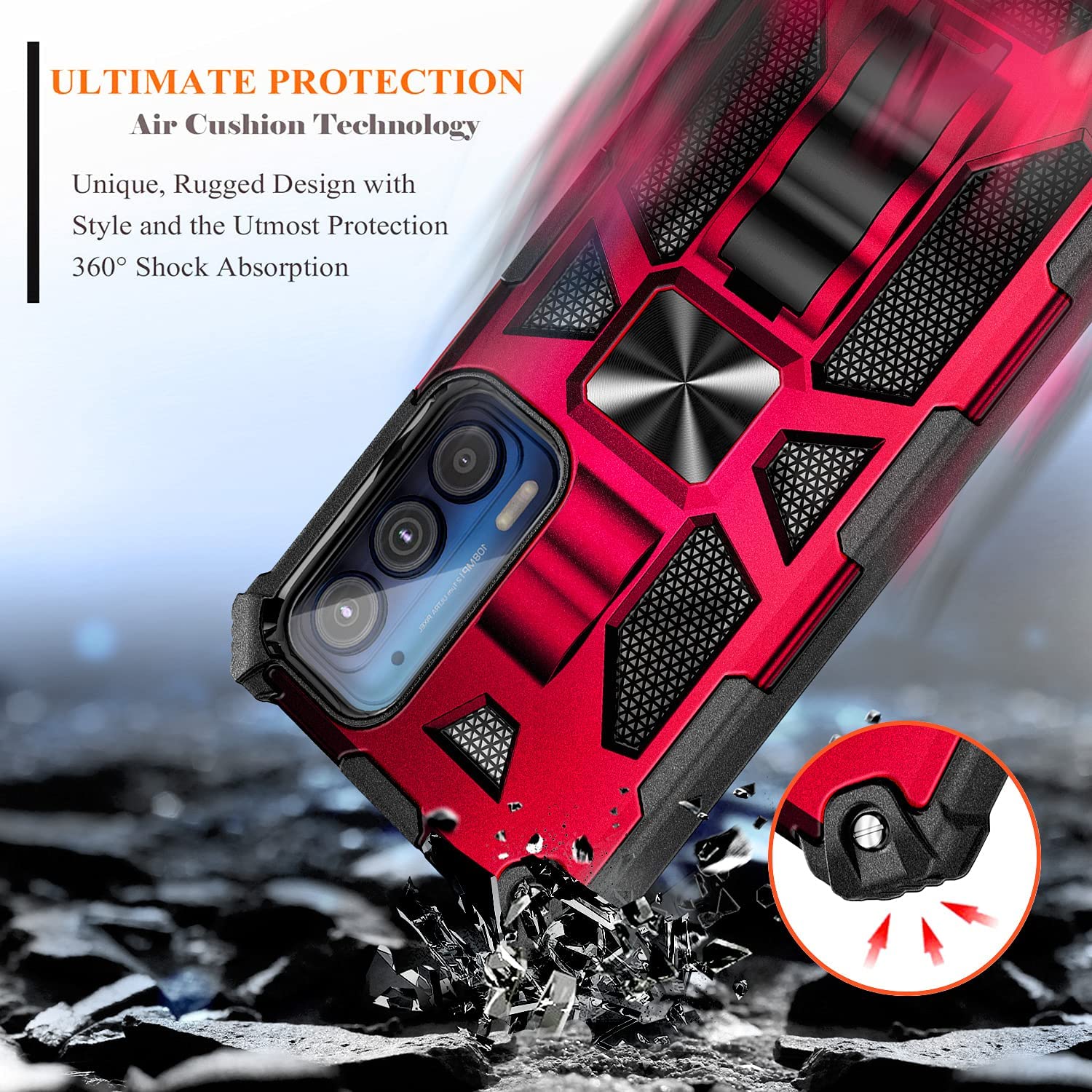 Nagebee Case for Motorola Moto Edge 5G UW, Moto Edge 2021 with Tempered Glass Screen Protector (Full Coverage), Full-Body Protective Shockproof [Military-Grade], Built in Kickstand Case (Red) - image 4 of 5