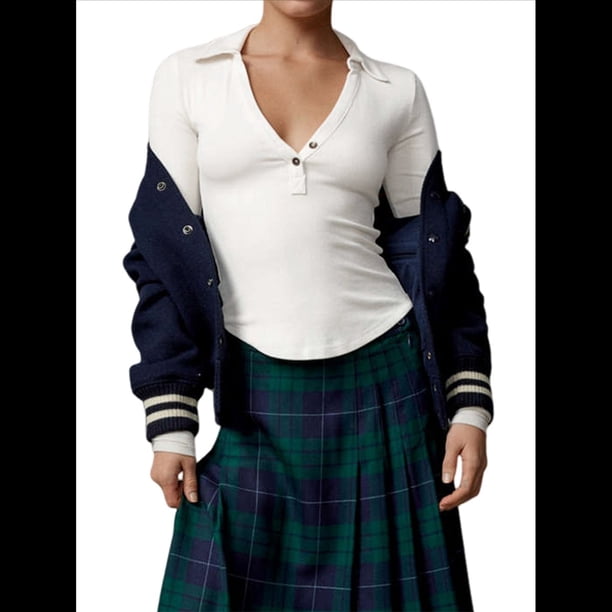 Camisetas Henley de Larga para Mujer, -Otoño 2025, de Punto Acanalado con Botones, Corte Entallado, Blusas Básicas Informales. Crema M