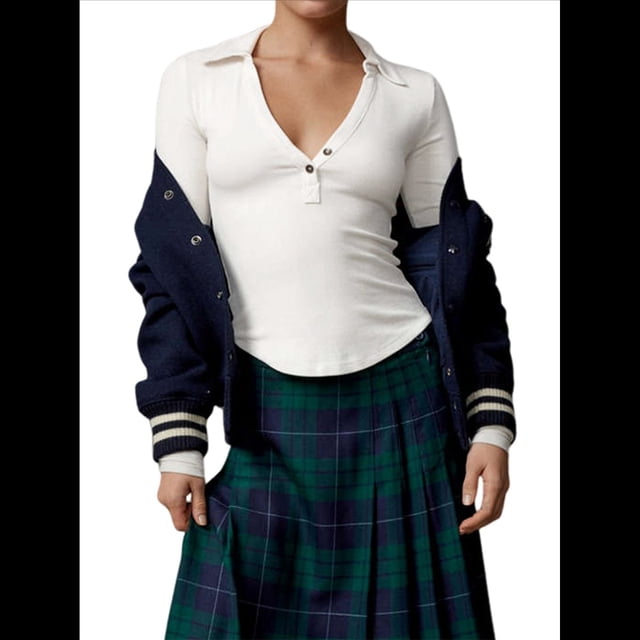 Camisetas Henley de Larga para Mujer, -Otoño 2025, de Punto Acanalado con Botones, Corte Entallado, Blusas Básicas Informales. Crema L