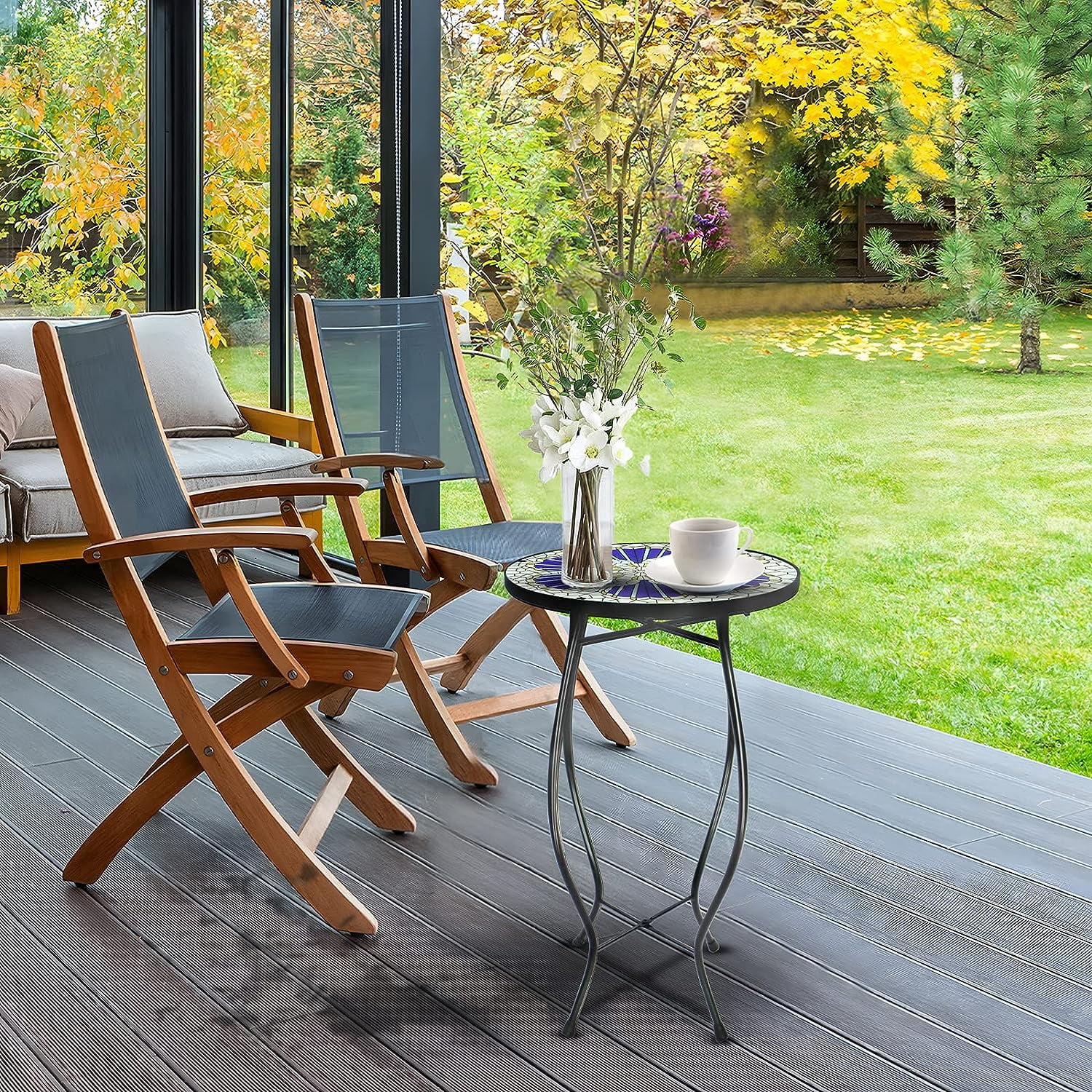 Arbuxzuy Mosaic Glass and Steel Outdoor Modern Round End Table, Blue