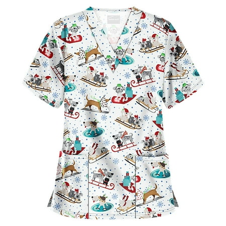

purcolt Plus Size Christmas Scrubs Tops for Women Casual Xmas Print Short Sleeve V Neck Professional Nursing Workwear Tunic Working Uniform Medical Blouse with Pockets