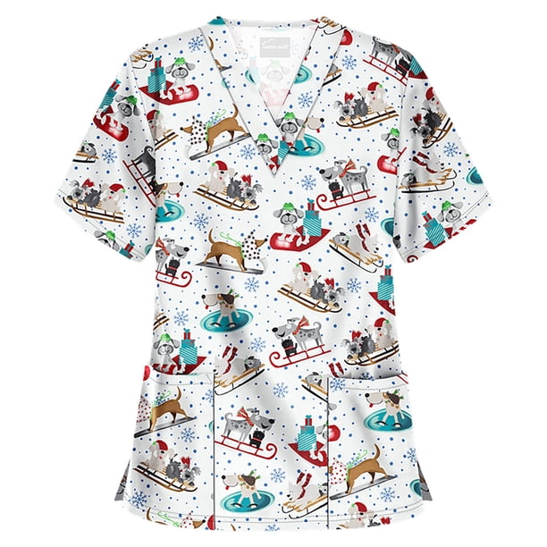 Puntoco Blusa de manga corta con cuello en V para mujer, uniforme de trabajo, blusa de Acción de Gracias de Navidad Puntoco Puntoco-5361