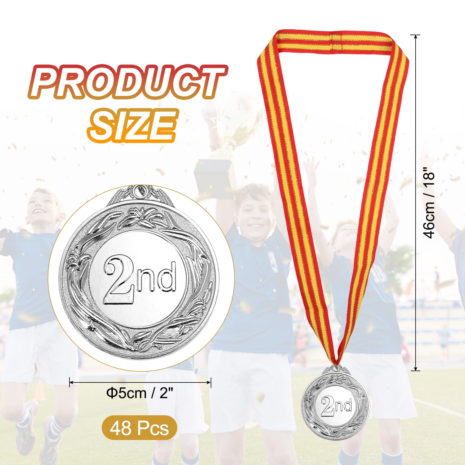 Uxcell 2 Inch Silver Prizes Award Medals Metal Winner Medals 2ed Place with Neck Ribbon for Sports Games Party Favors 48 Pieces