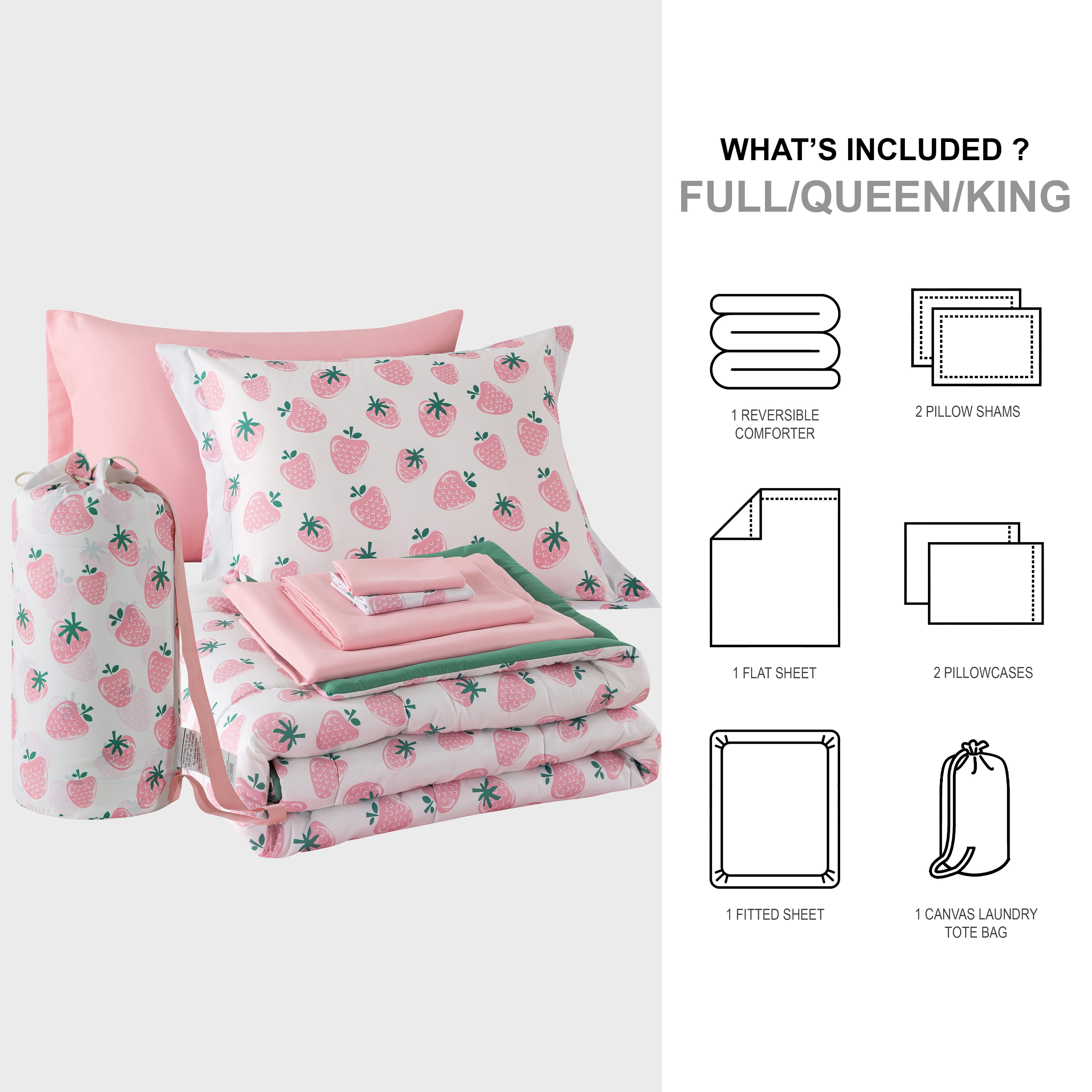 Mainstays 7-Piece Reversible Bed in a Bag with Laundry Tote, Strawberry, King