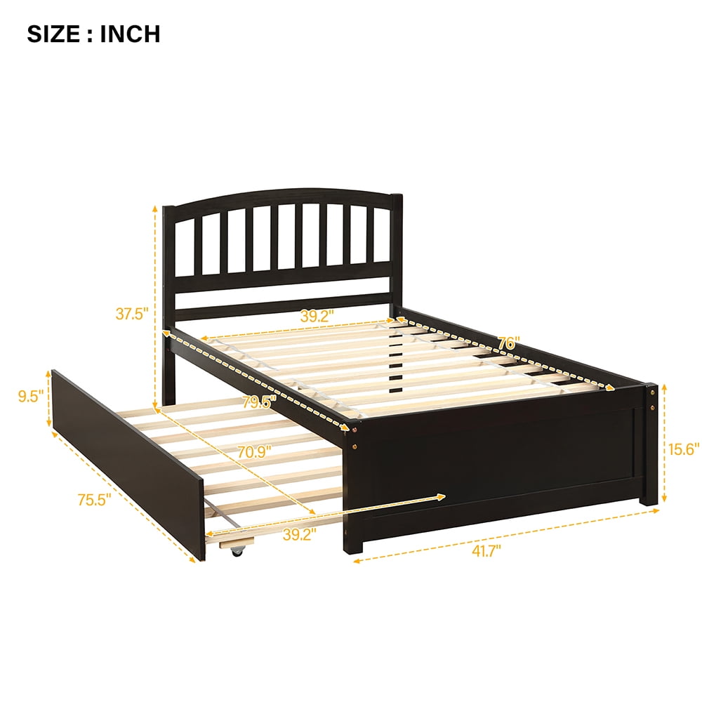Kepooman Twin Size Wood Platform Bed Frame with Trundle & Headboard for Bedroom, 79.5"L x 41.7"W x 37.5"H, Espresso Kepooman Twin Size Wood Platform Bed Frame with Trundle & Headboard for Bedroom, 79.5"L x 41.7"W x 37.5"H, Espresso