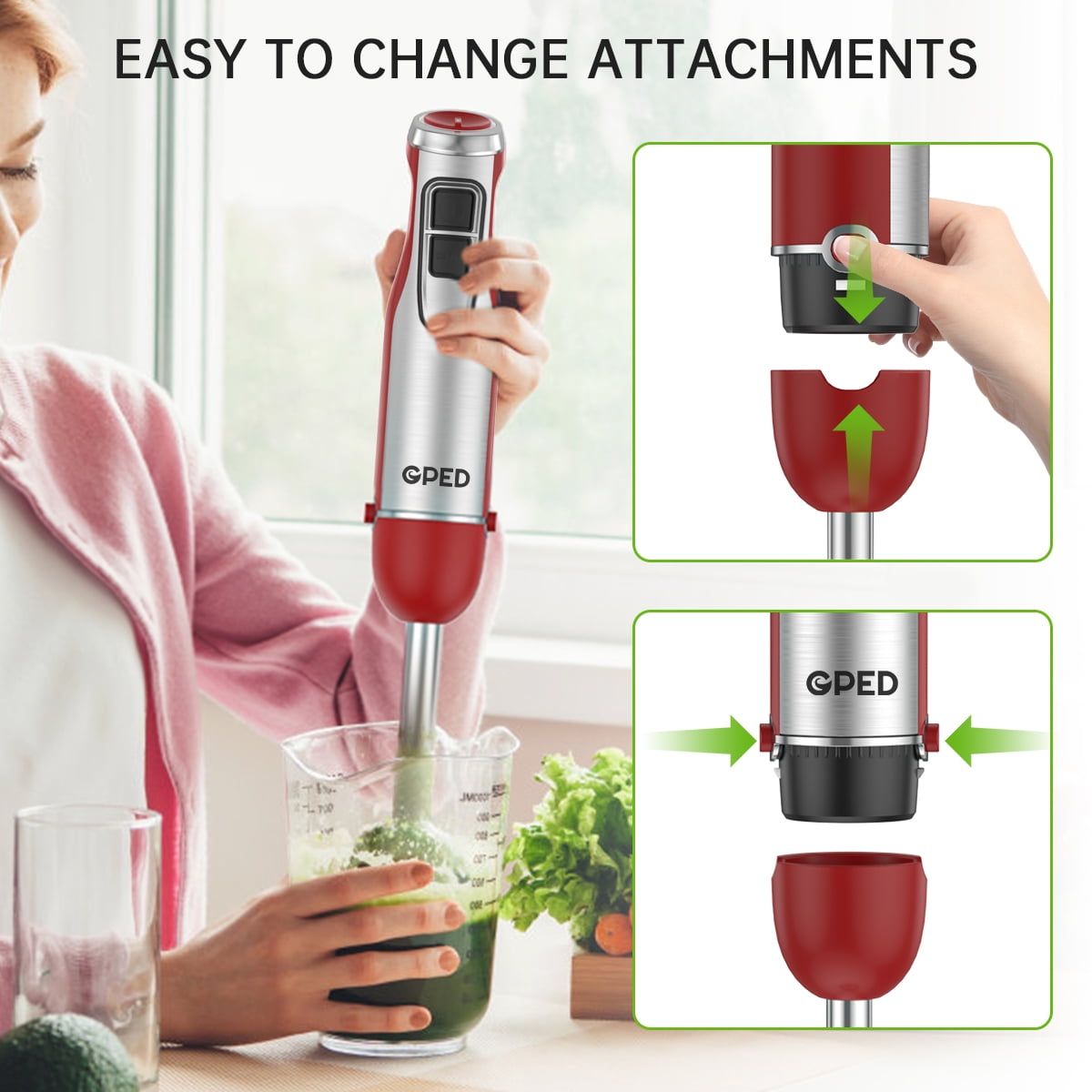GPED Hand Blender, 5-in-1 Immersion Hand Blender,12 Speed Turbo Mode Stick Blender for Make Smoothie, Milk Shakes,Juice ,Sauces