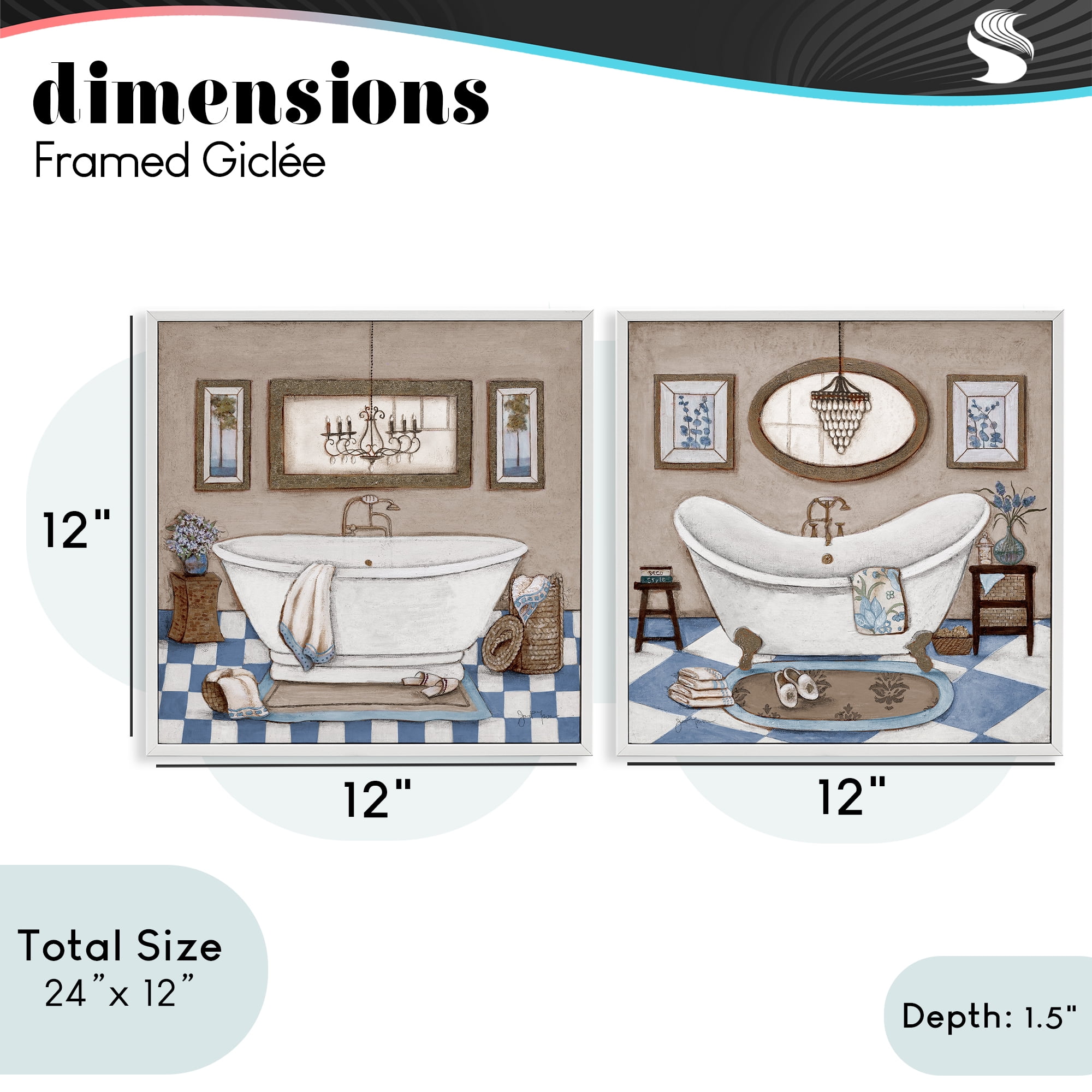 Stupell Industries Tiled Bathroom Views 2 Piece White Framed Giclee Art Set, design by Janet Tava