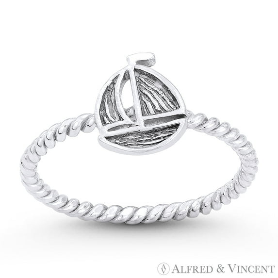 Sailing Yacht / Sailboat Nautical Charm Stackable Ring in Oxidized .925 Sterling Silver