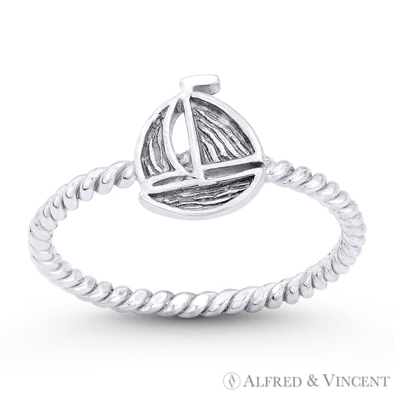 Sailing Yacht / Sailboat Nautical Charm Stackable Ring in Oxidized .925 Sterling Silver