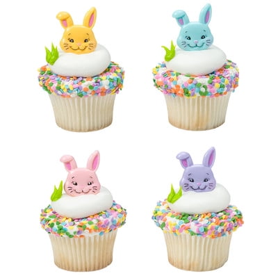Spring Bunny - Puffy Buny Bunnies Easter Spring Pastel Colors -24pk Cupcake / Desert / Food Decoration Topper Picks with Favor Stickers & Sparkle Flakes
