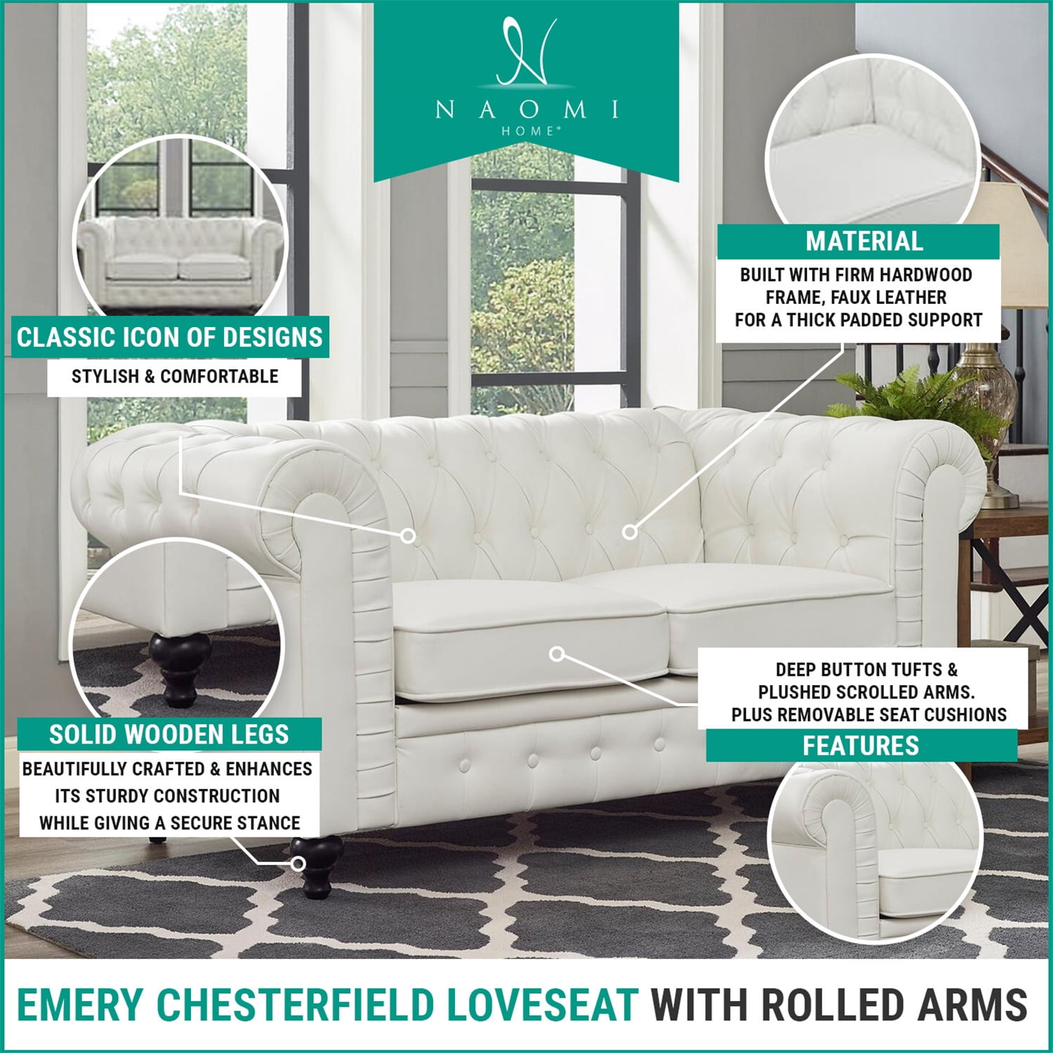Naomi Home Modern Chesterfield Loveseat , Upholstered Cushion Loveseat  For Home - Color: White
