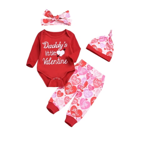

Eyicmarn Baby 4PCS Romper Suit Long Sleeve Letter Printed Buttons Romper Heart Long Pants Top Knot Beanie Hat Bow Headband
