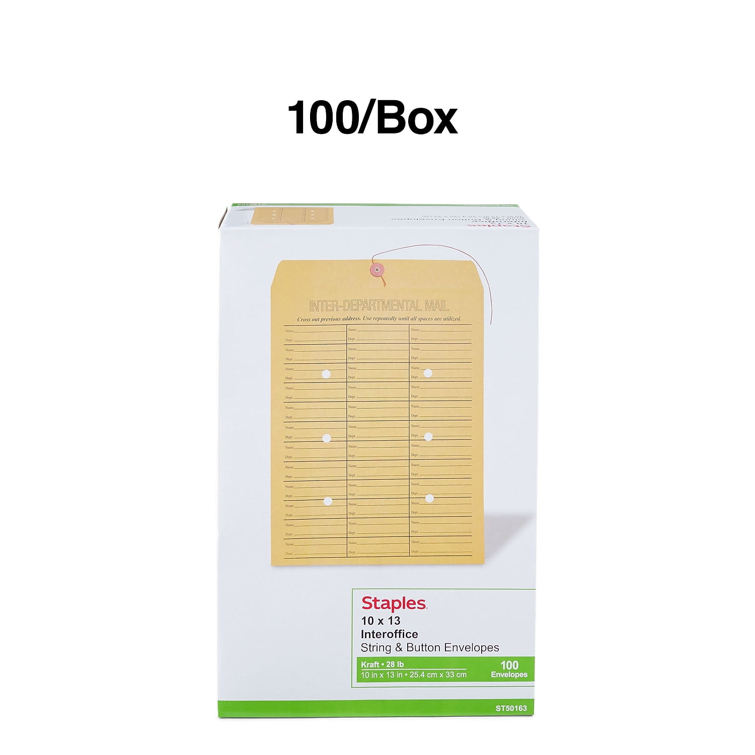 Staples Button-and-String Kraft Inter-Depart. Envelopes 10"x13" Brown 100/BX 472993