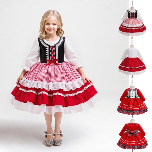 QSXADF Girls Christmases Dress Fall Winter Party Dress Long Sleeve Graphic Princess Style Long Sleeve a Line Christamases Holiday Girl's Dresses Toddler Girls Outfits