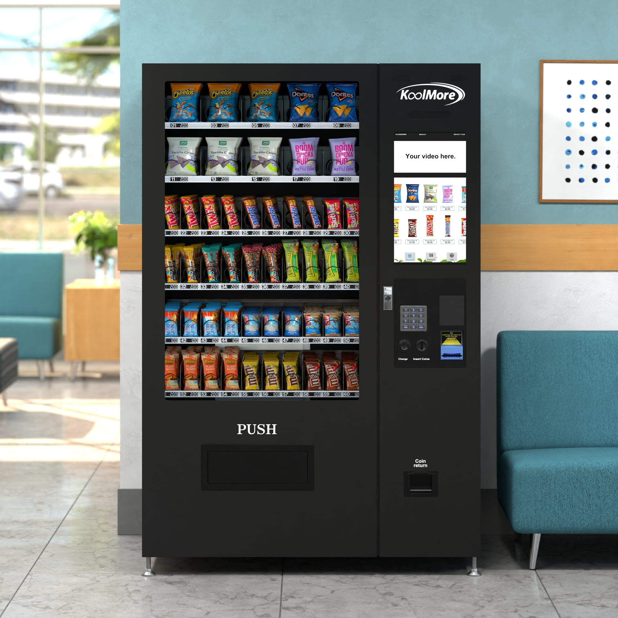 Non-Refrigerated Snack Vending Machine with 60 Slots, Coin and Bill Acceptor, and 22 Inch Touch Screen in Black (KM-VMNT-50-BC)
