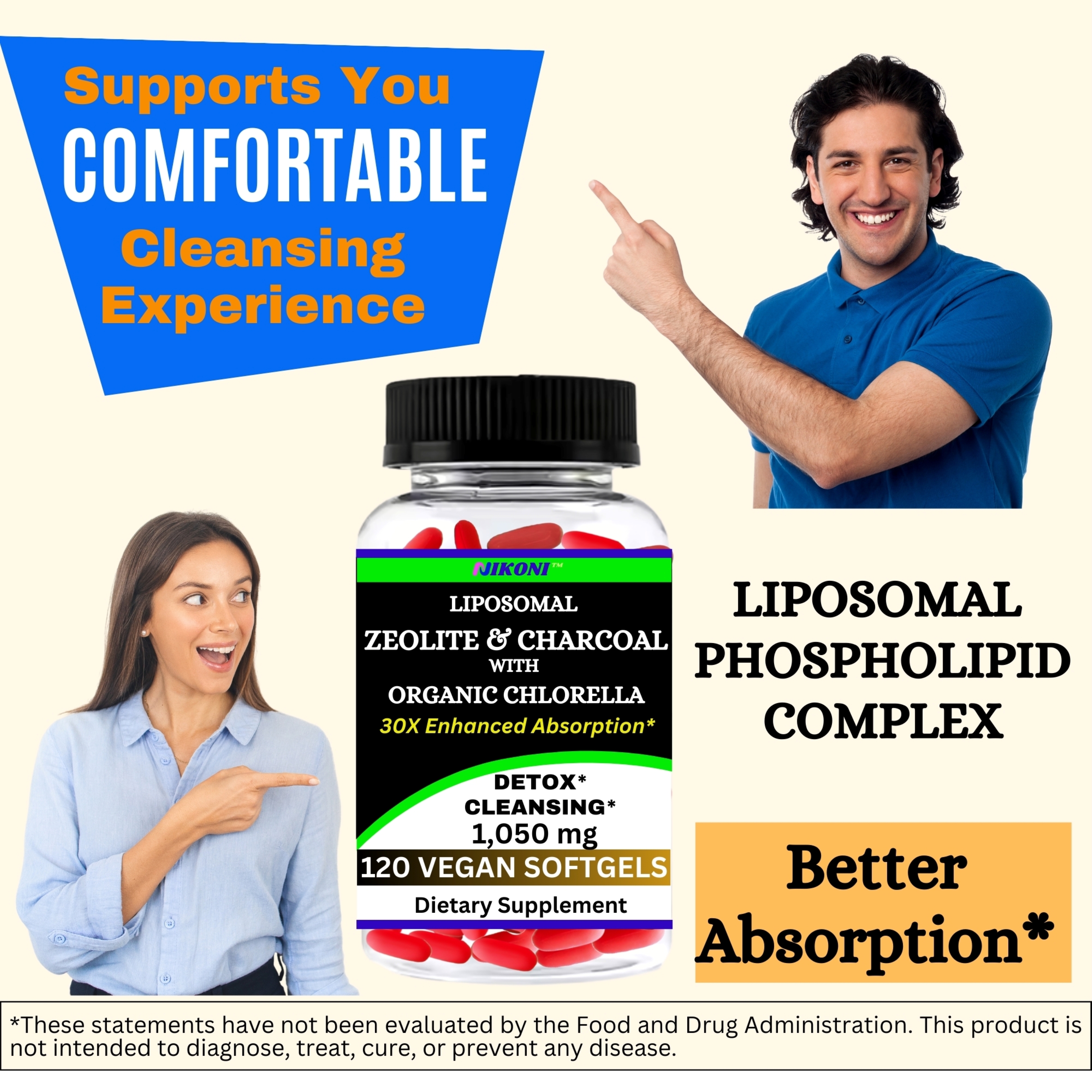 Nikoni Liposomal Clinoptilolite Zeolite, Charcoal and Organic Chlorella Supports Detox 120 Vegan Softgels
