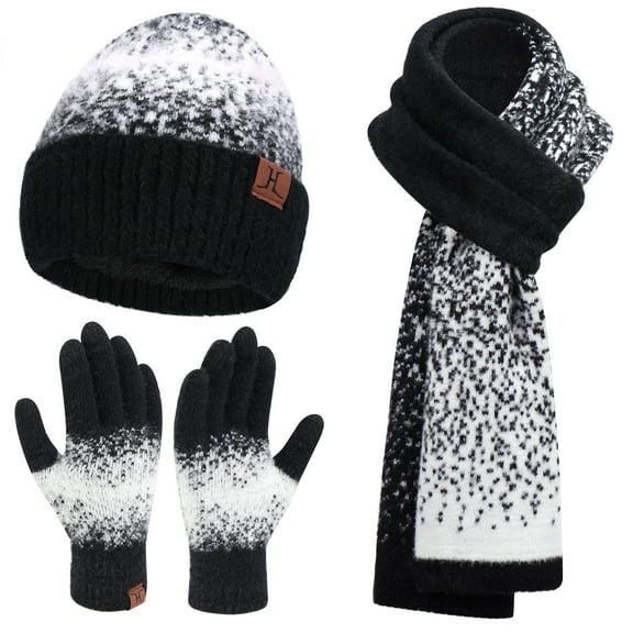 FZ FANTASTIC ZONE Womens Winter Knit Beanie Hats and Touchscreen Gloves Long Scarf Set with Warm Fleece Lined Skull Caps Gloves Scarves for Women