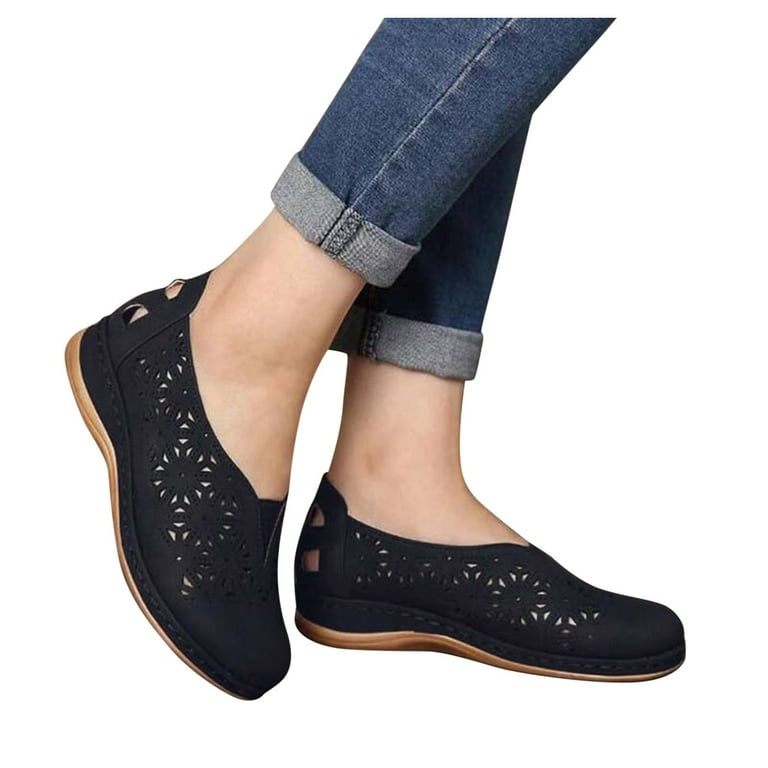フラットシューズ BLACK LEATHER FLATS HBYJLZYG Women's Flats Black Pu Leather Dress Shoes