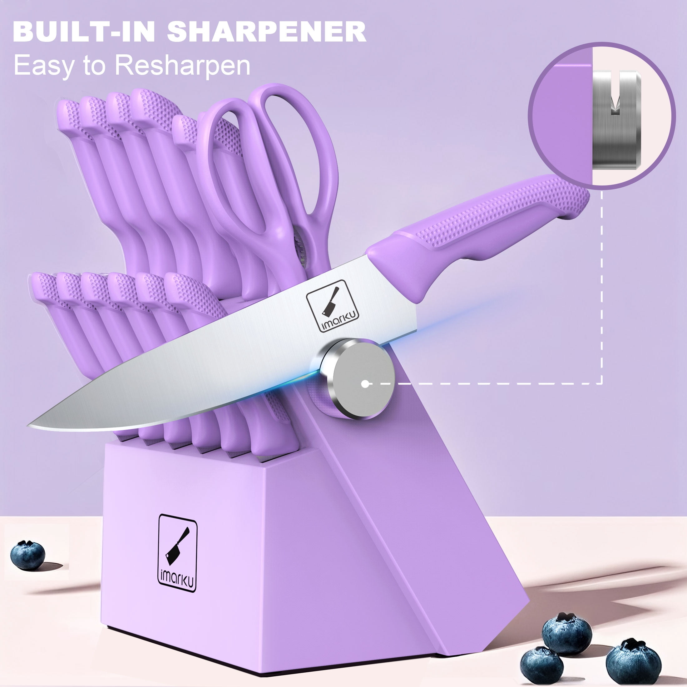 imarku 14-Piece Stainless Steel Kitchen Knife Block Set with Built-in Sharpener and Non-Slip Handles,Best Holiday Gifts,Purple,Fathers Day Gifts