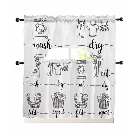 Laundry Room Swag Kitchen Curtains Sets for Windows 24 Inch Length, Cartoon Wash Dry Fold Repeat Simple Lines Art Short Window Curtain Panels Swags Valances and Tiers 3 Piece Set for Cafe/Dining Room