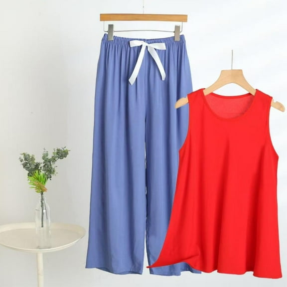 Bxsruta Pajamas Set for Women, Women's Solid Sleeveless Top and Long Pants Pajama Set, Comfortable Sleepwear with Lightweight Fabric