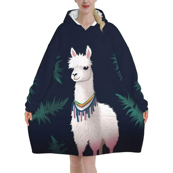 Oversized Blanket Hoodie, Alpaca Llama Print Comfortable Flannel Super Soft Warm Blankets Hooded Sweatshirt For Unisex Adult Women Men, With Pocket Loose