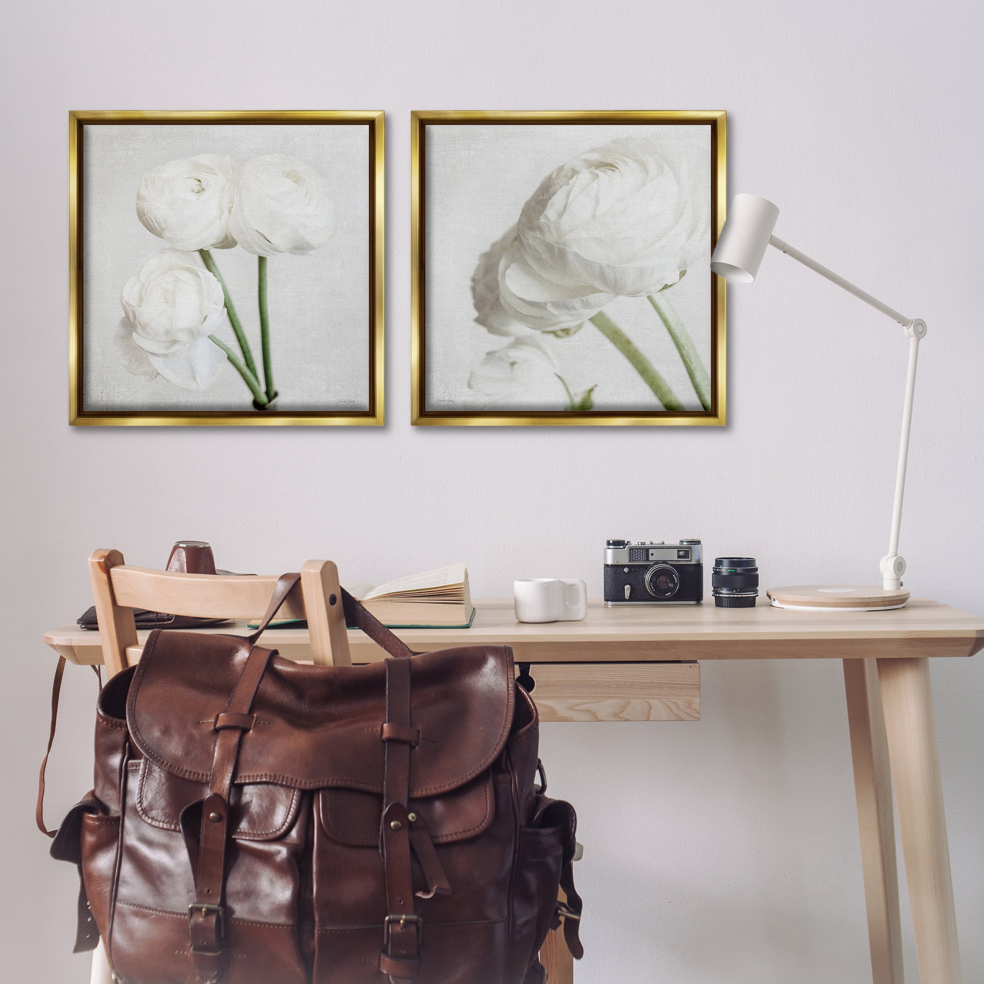Stupell Industries Simple White Peony Stems Plants & Flowers Painting Gold Floater Framed Canvas Art Print Wall Art, 25 x 25, Set of 2