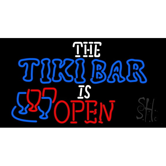 The Tiki Bar Is Open LED Neon Sign 13 x 24 - inches, Clear Edge Cut Acrylic Backing, with Dimmer - Bright and Premium built indoor LED Neon Sign for Bar decor.