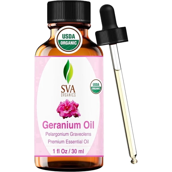 SVA Geranium Essential Oil Organic – 1 Fl Oz – 100% Natural Organic Geranium Oil - for Diffuser, Hair Care, Face, Skin Care, Aromatherapy, Scalp and Body Massage, Soap and Candle making –with Dropper